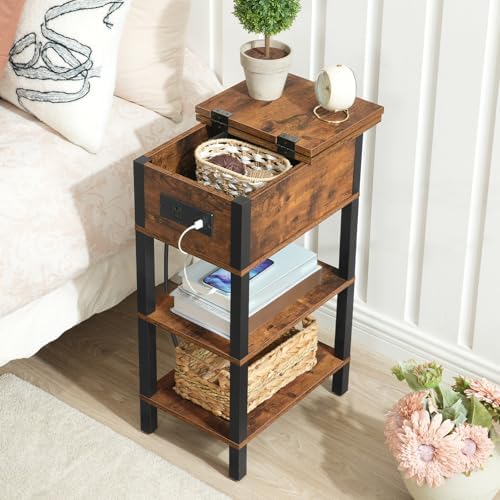 HOOBRO End Table with Charging Station, Flip Top Side Table with USB Ports, Narrow Nightstand Bedside Tables with Storage Shelves, for Small Space, Living Room, Rustic Brown and Black BF141UBZ01 - Image 2