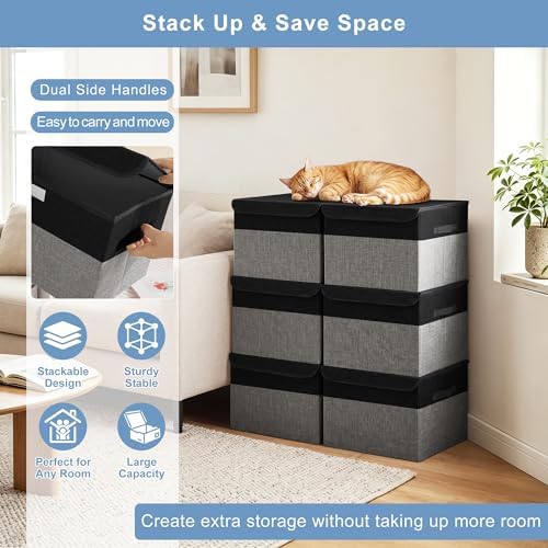 Bagnizer Large 22 Quart Linen Fabric Foldable Storage Bin Cube Organizer Basket with Flip-Top Lid & Handles, Clothes Blanket Box for Home, Office, Closet, Black & Gray, 4 Pack 14.6 x 9.5 x 9.5 - Image 5