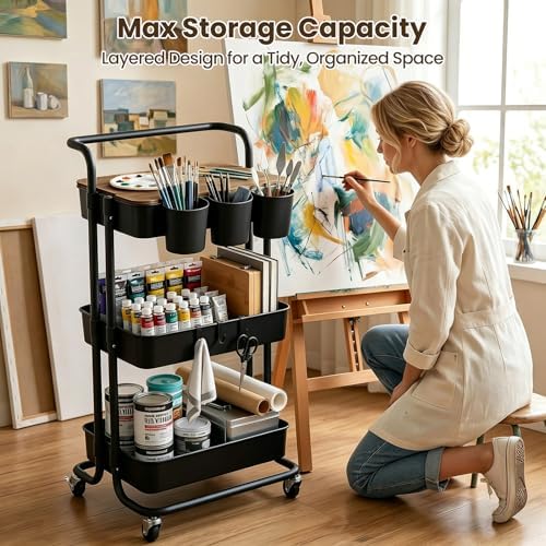 3 Tier Rolling Cart - Utility Cart with Table Top, Storage Organizer - Image 5