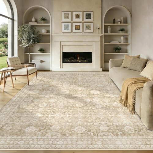 9x12 Area Rugs for Living Room: Washable Large Vintage Floral Rug Low Pile Non-Slip Boho Carpet for Bedroom Home Office Dining Room (Brown, 9'x12') by LOSBULAKE