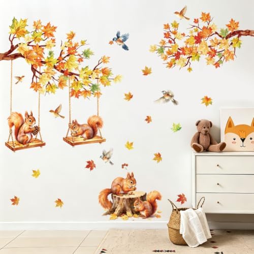 Fall Maple Leaf Wall Decal Autumn Maple Tree Wall Sticker Peel and Stick Squirrel Bird Home Decor Fall Thanksgiving Harvest Wall Stickers for Bedroom Nursery by Aurbhosa