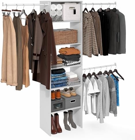 Furinno FANO Closet Organizers and Storage, 5-Tier Wide Closet Storage Organizer with 3 Hanging Bars and Adjustable Shelf, Wardrobe Closet Shelf Tower, 14.8 x 23.6 x 82.1 for Bedroom, White by Furinno-FitsYourSpaceFitsYourBudget