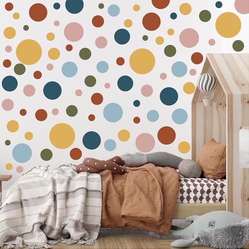 230 PCS Boho Polka Dot in Retro Warm Earth Tones Vinyl Wall Decals Set | 10 sheets removable waterproof peel & stick circle wall stickers for nursery, kids room, bedroom, playroom & home decor by Qaxrocyn
