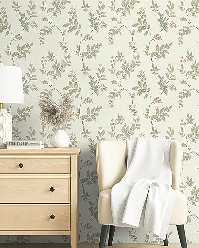 Vinjiasin Floral Peel and Stick Wallpaper Beige Contact Paper Self Adhesive Removable Vintage Flower Leaves Wallpaper for Bathroom Bedroom Living Room Wall Paper 16.1"x 197" - Image 6