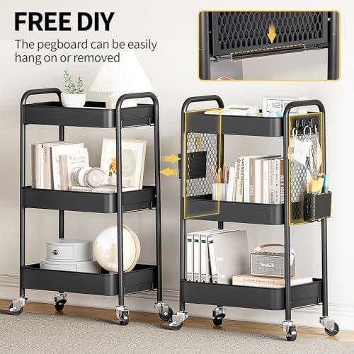 TOOLF 3 Tier Rolling Cart, Metal Utility Storage Cart with Pegboard, Black | 2 Bins & 4 Hooks, Screwless Assembly, Lockable Wheels, Trolley Organizer for Bathroom, Kitchen, Office, Dorm, Craft Room - Image 3