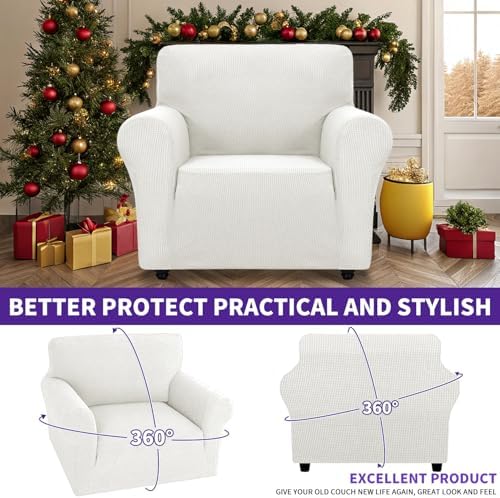 ZNSAYOTX Super Stretch Chair Slipcover Universal Sofa Chair Covers for Living Room Dogs Pet Furniture Protector Spandex Armchair Slipcovers with Anti Slip Foam Sticks (White, Chair) - Image 2