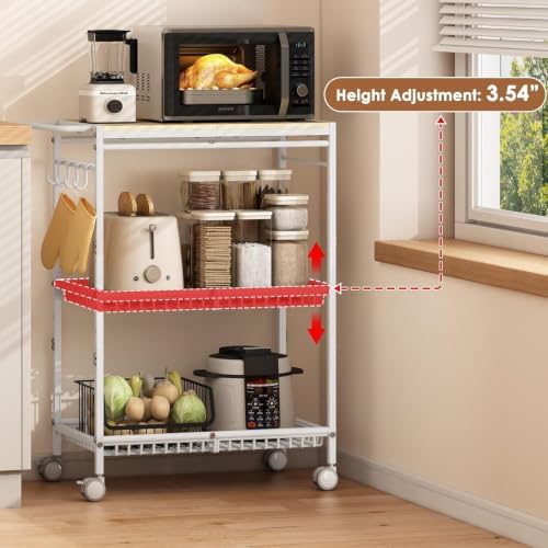 Microwave Kitchen Cart, White Kitchen Shelf with Push Handle, 3 Tier Rolling Microwave Table Stand with 2 Lockable Wheels for Bakers Rack, Kitchen Island, Small Coffee Station - Image 4