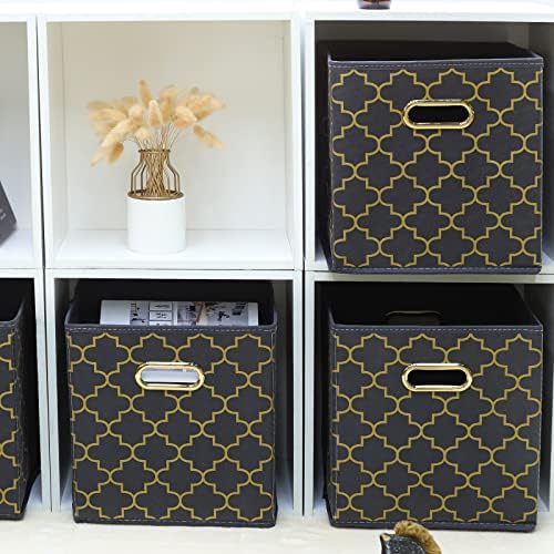 Fabric storage bins Cubes, Fabric Cube Organizer with Handle, Foldable Cube Bins for Cloth or Accessary Storage, 11x11x11, Set of 3, (Grey Gold) - Image 4
