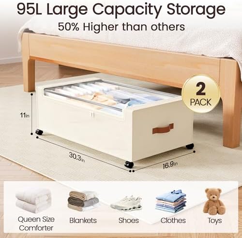 Yecaye 95L Under Bed Storage Containers, Fits 11" Under Bed, 2 Pack, Beige - Image 2