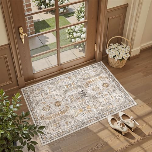 Madane Washable Area Rug 2x3 Small Entryway Rugs Non-Slip, Brown/Gold - Image 3