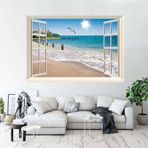 Fake Window Wall Decal- Summer Beach Seascape Open Wall Art Poster Sticker | Faux Window Ocean Coast Natural Landscape Mural｜ Stick and Peel Wall Decals｜Room Bedroom Office Decor｜48"x32",Set of 2 Sheets - Image 6