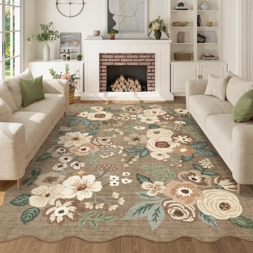 DUKINO 5x7 Area Rugs for Bedroom, Floral Washable Rug Non Slip, Light Taupe by DUKINO