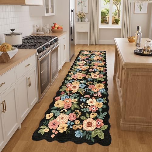 DUKINO 2x7 Runner Rug for Hallway, Floral Washable Rug for Kitchen, Black - Image 3