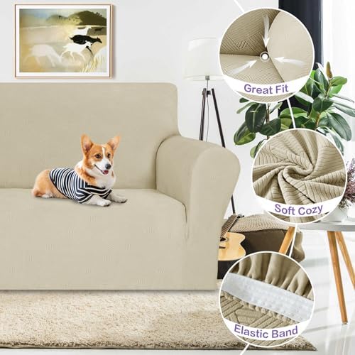 ZNSAYOTX Super Stretch Loveseat Covers (57"-70"), New Striped Love Seat Slipcover, Dogs Pet Friendly Anti-Slip Couch Protector Spandex Durable 2 Seater Fabric Sofa Cover (Khaki, Loveseat) - Image 4