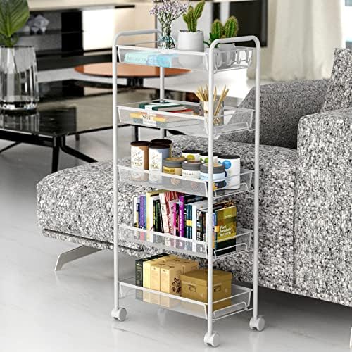 JANE EYRE 5-Tier Rolling Utility Storage Rack Cart on Wheels, Trolley Craft cart, Multi-Purpose Organizer Shelf, White - Image 3