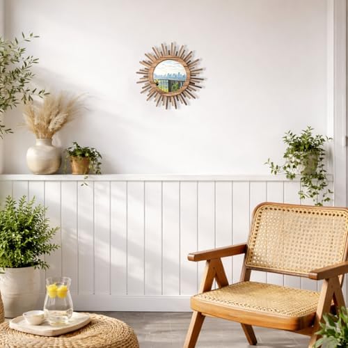 12 Inch Boho Sunburst Mirror, Round Wooden Wall Decor Starburst Sun Mirror for Bedroom, Living Room, Bathroom, Hallway, Balcony, Farmhouse Entryway, Housewarming Gift（Rustic Brown - Image 2