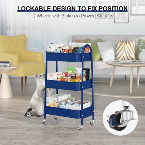 EAGMAK 3 Tier Utility Rolling Cart, Metal Storage Cart with Handle and Lockable Wheels, Multifunctional Storage Organizer Trolley with Mesh Baskets for Kitchen, Living Room, Office, Garage (Indigo) - Image 5