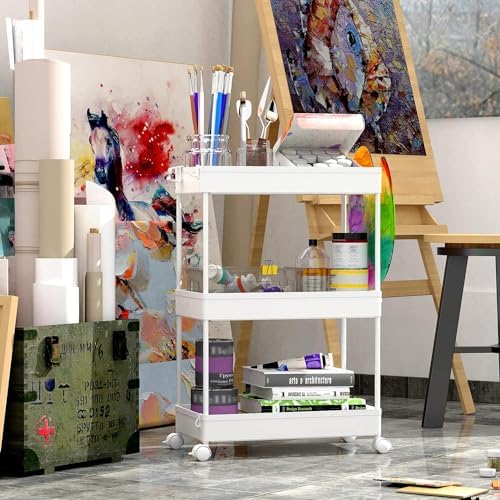 SPACEKEEPER 3 Tier Rolling Cart, Bathroom Cart Organizer with Wheels, White - Image 6