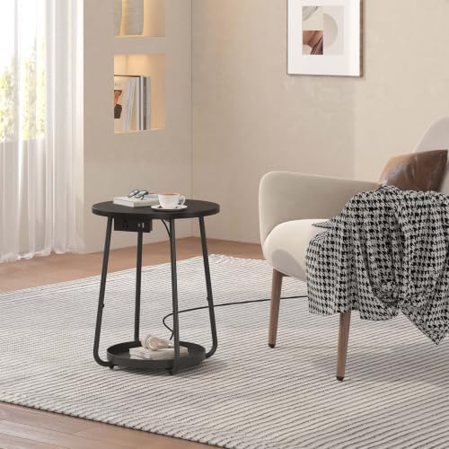 sthmec Small Round Side End Table with Storage and Charging Station, 2 Tier Round Bedside Sofa Couch Coffee Tables with Tray, Metal Nightstand for Small Spaces, Living Room Bedroom, Black - Image 2