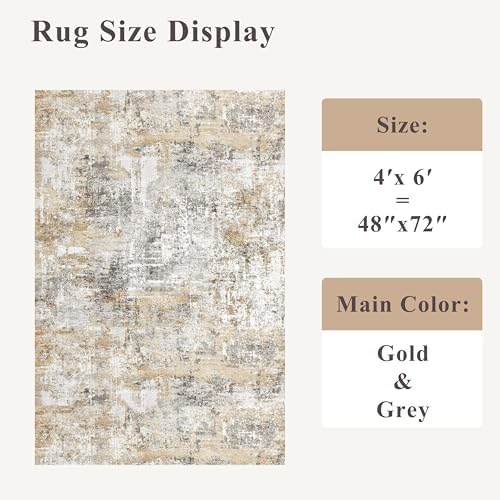 4x6 Washable Entryway Rug – Non-Slip Low-Pile Small Area Rug for Kitchen Bedroom Living Room Office – Modern Abstract Neutral Throw Carpet with Rubber Backing (Gold Grey) - Image 2
