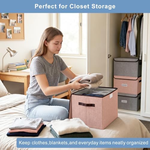 Bagnizer Linen Fabric Foldable Storage Cube Bin Organizer Basket with Flip-Top Lid & Handles, Large Clothes Blanket Box for Home, Office, Closet, Gray & Pink, 4 Pack 14.6 x 9.5 x 9.5” - Image 3