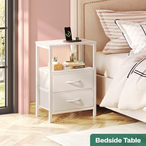 Huuger Nightstand with Charging Station, Side Table with Fabric Drawers - Image 3