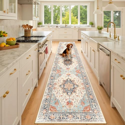 RELEANY Washable Area Rug, Runner 2'x10', Beige/Blue/Orange by RELEANY