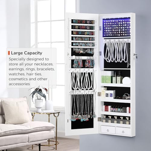 GISSAR Full Length Mirror Jewelry Cabinet, 6 LEDs Jewelry Armoire Wall Mounted Over The Door Hanging, Jewelry Organizer Storage with Lights Lockable, Bright White, 14.6" x 47.2" - Image 3