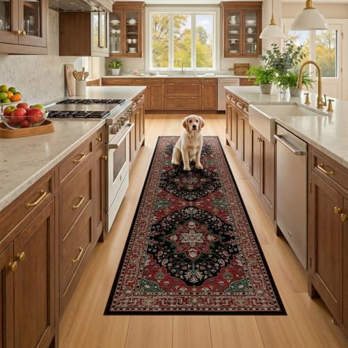 RELEANY Washable Area Rug, Runner 2'x8', Red/Black by RELEANY