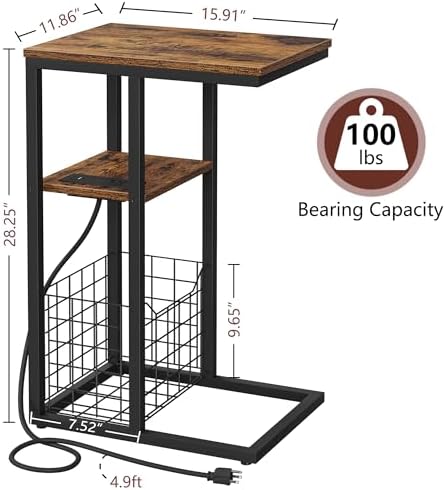 Vagusicc C Shaped End Table with Charging Station, Side Table for Couch, Small Side End Table for Small Spaces, 28" High Slide Under Sofa Table for Coffee, Tv Tray Table for Living Room, Rustic Brown - Image 3