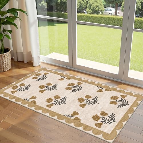 Front Door Mat Indoor Entrance - 2x4.3 Ft Floral Washable Layered Doormat Outdoor Entrance Spring Porch Rug Non-Slip Beige Boho Runner Rug for Kitchen Hallway Bedroom Laundry Room Porch Decor by Othilic