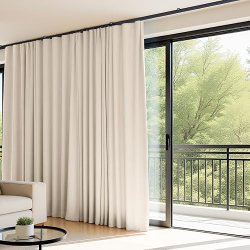 Room Divider Curtains Flexible Ceiling Tracks set Curtain track Ceiling Mount Blackout Curtain for Living Room Bedroom Ceiling Curtain Rod Privacy Dividers Panels W100 x H84 Beige Drape & Black rail - Image 2