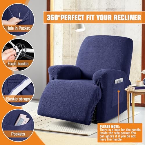 VANSOFY Stretch Recliner Chair Cover, Slipcover, Navy Blue, 1 Seater - Image 5