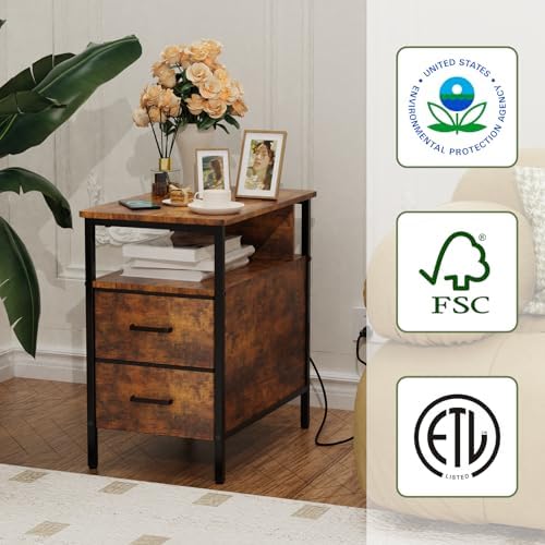End Table with Charging Station and 2 Fabric Drawers, Vintage Brown - Image 7