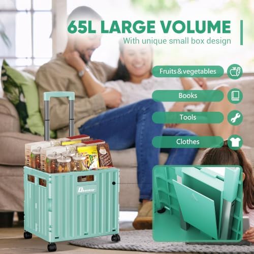 Folding Utility Cart with Lid, Portable Rolling Crate Handcart Collapsible Shopping Trolley, Durable Plastic Foldable Tool Basket with 4 Rotate Wheels for Grocery, Office, Luggage, School - Cyan - Image 2