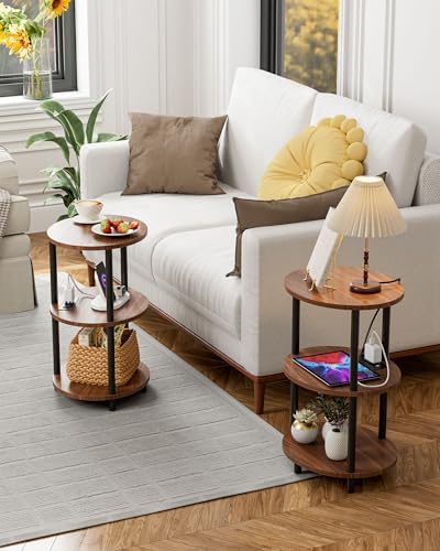 Small Round Side Table - 3-Tier Oval Accent Table for Small Spaces, Rustic Wood and Metal Nightstand for Living Room or Bedroom, with Built-in USB Ports and Power Outlet, Rustic Walnut - Image 6