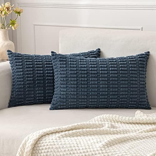 MIULEE Lumbar Corduroy Decorative Throw Pillow Covers 12x20 Blue Pack of 2 by MIULEE