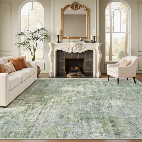 Soalmost 9x12 Area Rugs for Living Room Washable Rug Abstract Green/Ivory by Soalmost