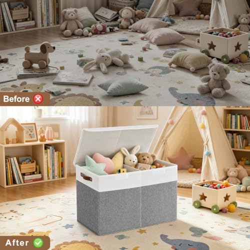 Bagnizer Large Toy Storage Box with Lids, Collapsible Sturdy Baby Storage Organizer Chest Bin Basket for Kids, Boys, Girls, Playroom, Nursery, Bedroom, Closet 25"x13"x16" (Gray and White) - Image 4