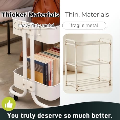 2 Tier Under Desk Storage Cart with Wheels Heavy Duty Metal Short Rolling Pantry Storage Cart for Small Space, Utility Trolley for Kitchen Bathroom Laundry Cute Snack Craft Organizer, White - Image 4