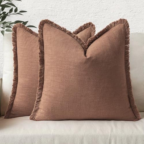 MIULEE Linen Fringe Decorative Fall Euro Throw Pillow Covers Brick 24x24 by MIULEE