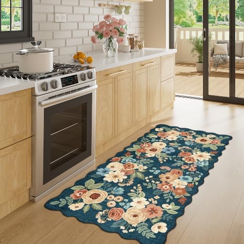 DUKINO 2x4 Rug for Entryway, Floral Washable Kitchen Rugs, Prussian Blue - Image 3