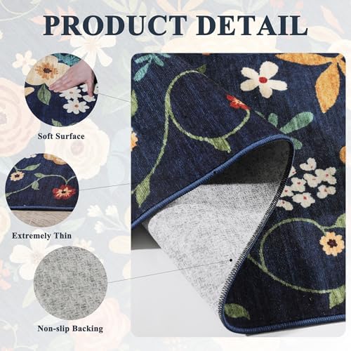 DUKINO 3x5 Area Rug, Floral Washable Rug for Bedroom Non Slip, Navy Blue - Image 5