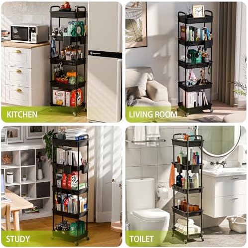 Sorgion 5 Tier Rolling Cart Organizer,Bathroom Cart Organizers with Wheels Laundry Room Organization Mobile Shelving Unit Utility Cart Storage Shelves Multi-Functional for Office, Home(Black) - Image 6