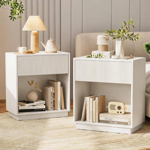 Fluted Nightstands Set of 2, Modern Bedside Table with Storage Drawer and Open Wood Shelf, Wood End Table Mid Century Night Stands for Bedroom Living Room Sofa Couch Office White by INNODToddlerTower