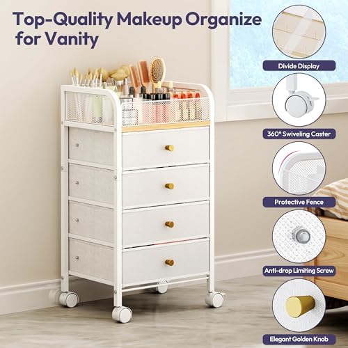 SWTYMIKI Rolling Makeup Organizer Cart - 14.96″*11.81″*27.55″ Widened Under Desk Vanity Storage with 4 Non-woven Drawers, Cosmetic Display Cases for Skin Care Perfume Nail Polish Brush Hair Tool White - Image 5