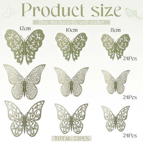 Bememo 72 Pcs 3D Butterfly Wall Decals, 3 Sizes,Sage Green | Metallic Hollow Design for Bedroom Living Room, Removable Adhesive Wall Decor, Easy Peel Stick Party Decoration Stickers - Image 3