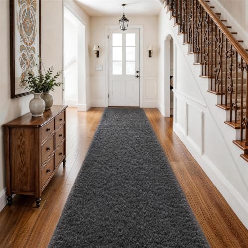 Ophanie Runner Rug for Hallway,2.5x12 Washable Non-Slip Fluffy Soft Bedside Rugs,Bedroom Living Room Shaggy Carpet for Kids Girls Boys Dorm Nursery Decor Aesthetic, Grey with Over 99 pcs Pile fibers by Ophanie