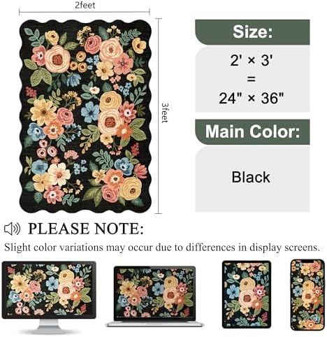 DUKINO 2x3 Rugs for Entryway, Floral Door Mat Washable Kitchen Rugs, Black - Image 2