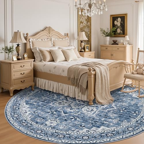 Round Area Rug for Living Room: 8ft Washable Rug for Bedroom Blue - Image 4